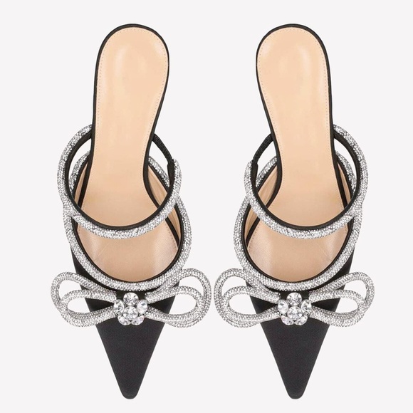 NWT Black Satin Rhinestone Bow Mule Heels - Picture 4 of 7